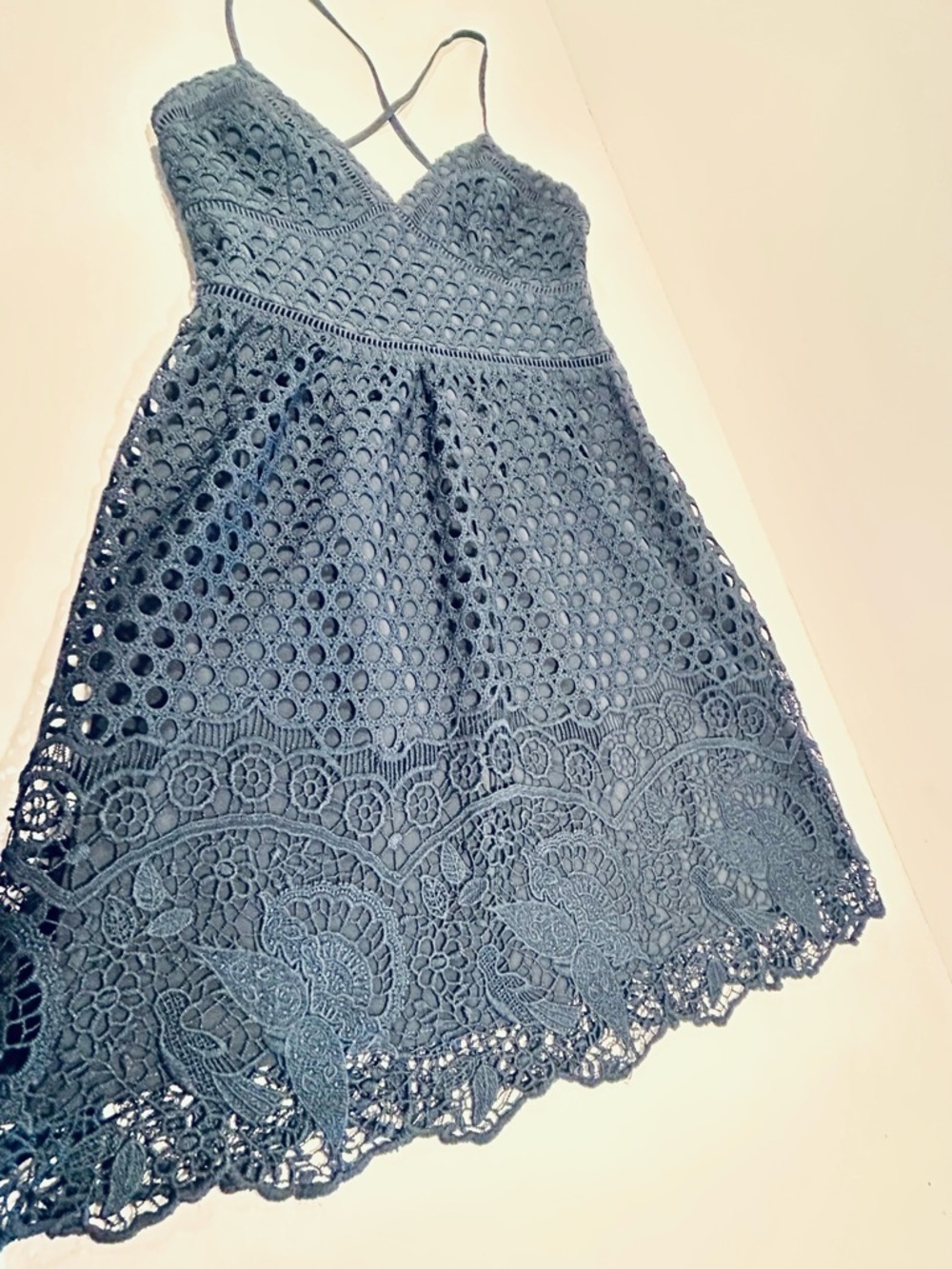 Abercrombie & Fitch Lace Mini Dress XS Navy Blue Crochet Boho Fit Flare Strappy